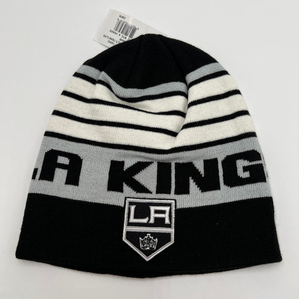 Adidas LA Kings NHL Beanie Hat Black Gray White Striped‎ Knit One Size New